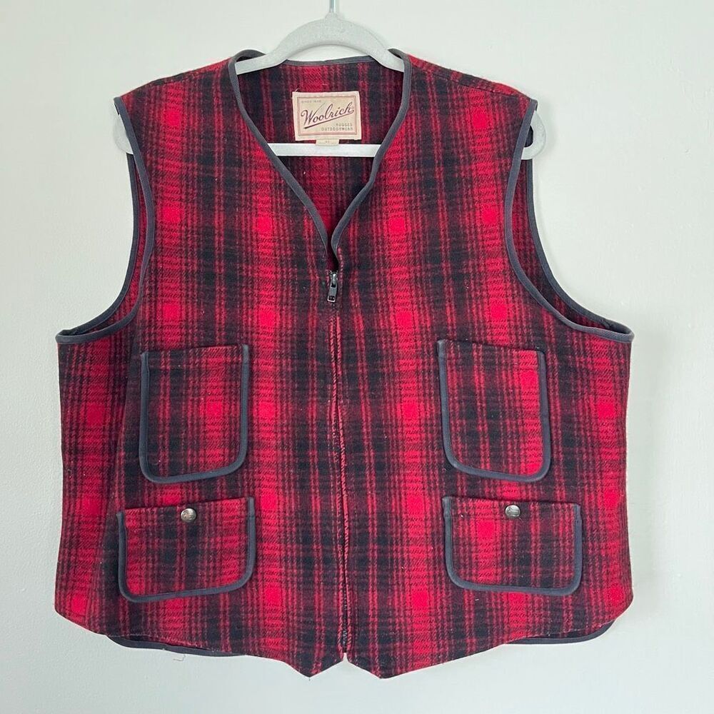VTG Woolrich USA Red Buffalo Plaid Wool Hunting Vest XL 80s 90s